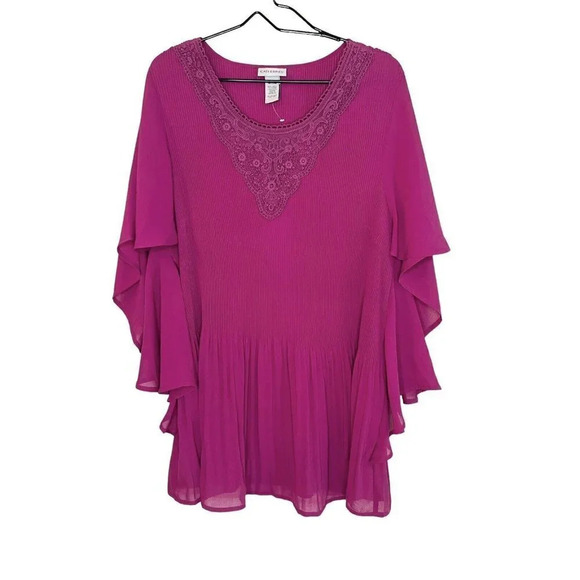 Catherine’s Top Size 1X 18 - 20 W Fuchsia Pink Micro Pleat Top Flutter Sleeves - Picture 2 of 11
